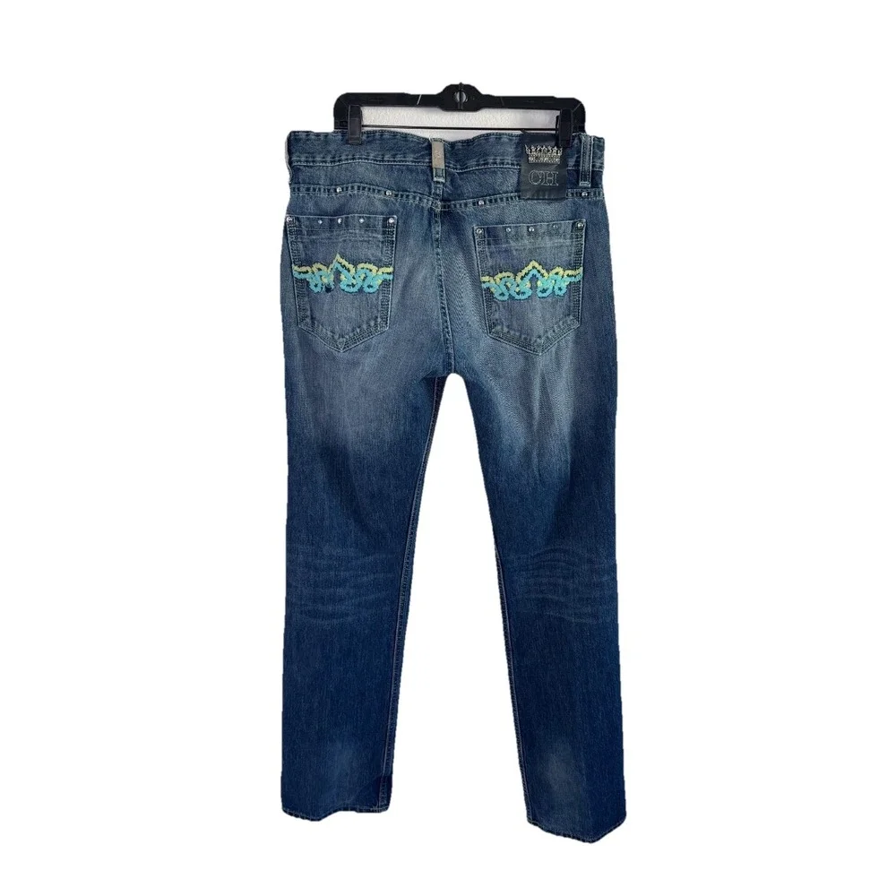 Crown Holder Straight Jeans Men 34 Blue Denim Cotton Beaded Embroidered Mid Rise